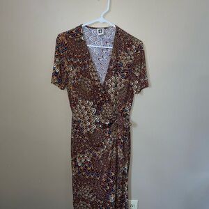 Anne Klein Brown and Blue Patterned Midi Dress size 10